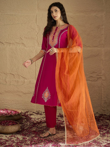 Varanga Women Pink Zari Embroidered Contrast Yoke Kurta With Bottom And Contrast Dupatta